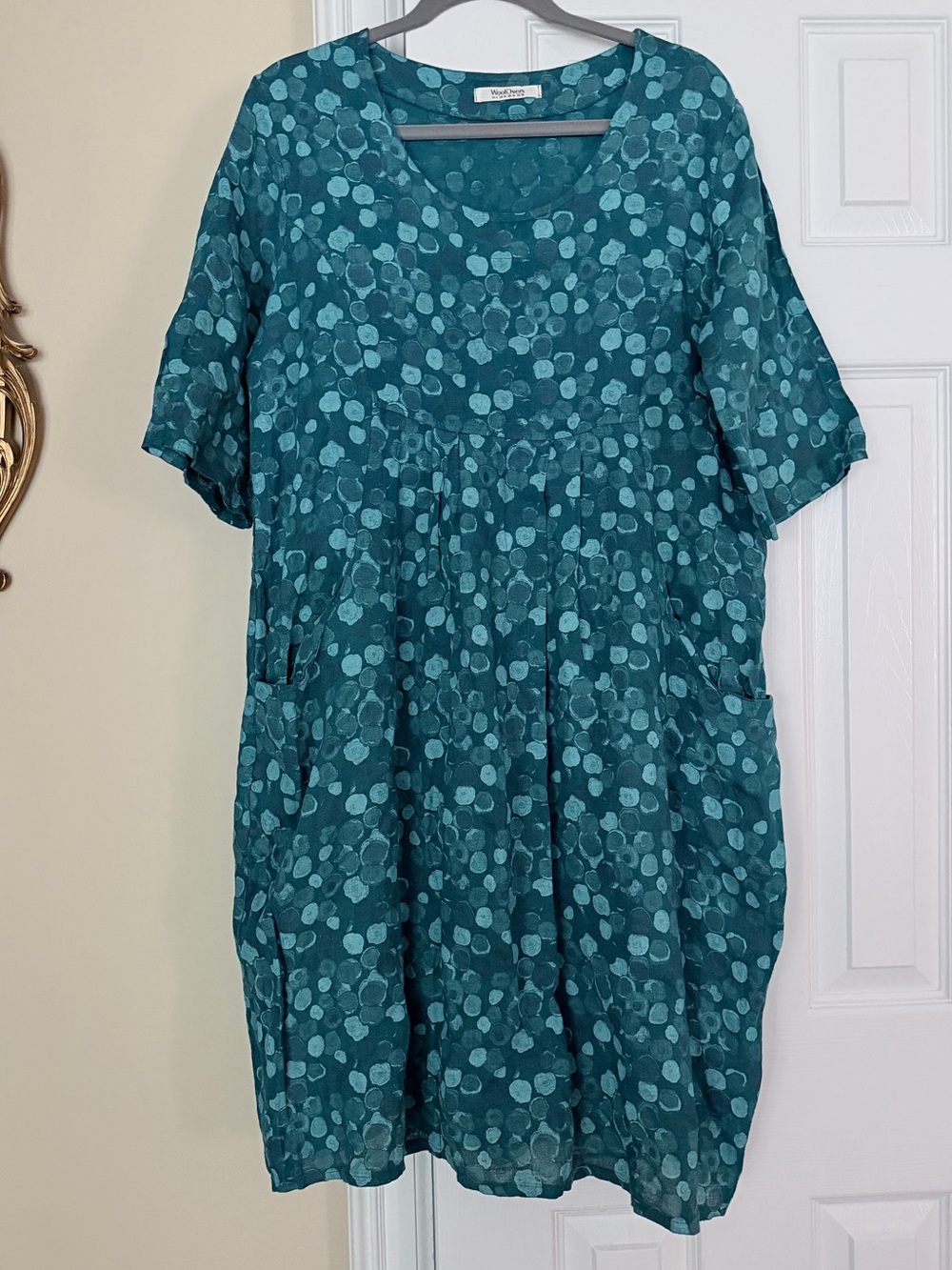 WoolOvers 100% Linen Teal Lagenlook Dress US 6 Abstract Spherical Print EUC